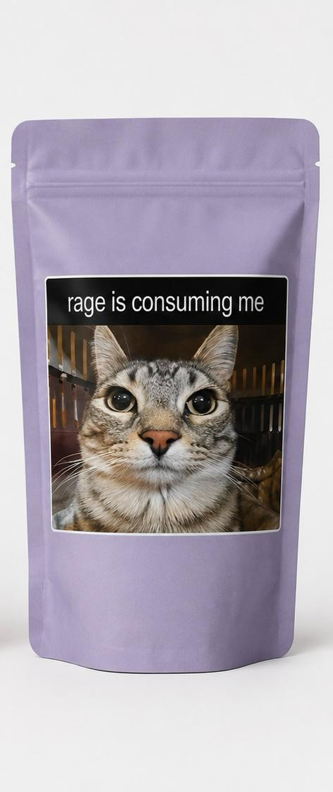 A snack pouch printed with a cat meme label